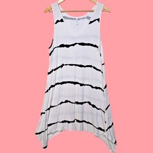 Popyoung Womens Size L Swim Cover Up Dress White Black Striped Asymmetrical Hem